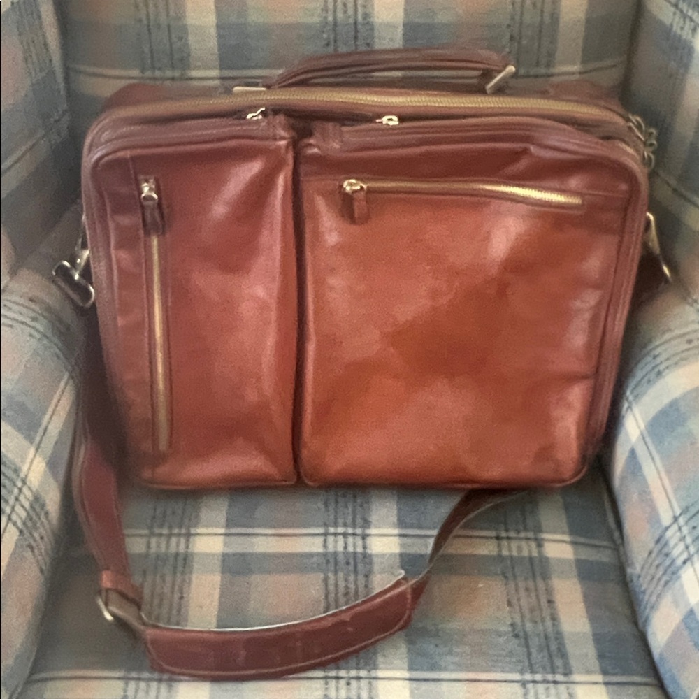 Brown Italian Leather Multi-Pocket Briefcase